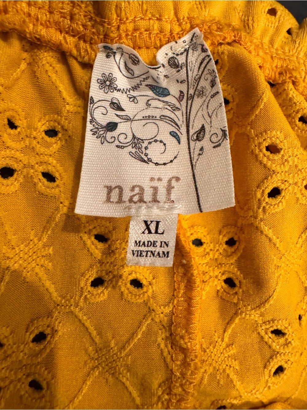 Naif Cold-Shoulder Marigold Yellow Eyelet Top, size XL - Picture 5 of 7